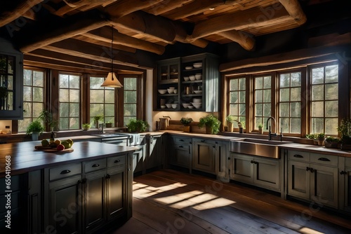 The inviting warmth of a cottage kitchen, with  beams and a farmhouse sink overlooking a forest view