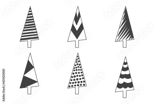 Christmas tree sketch vector icon, xmas doodle hand drawn design. New Year fir and pine set. Black silhouettes isolated on white background. Modern holiday illustration