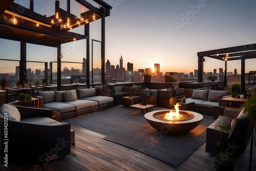 An industrial loft apartment's private rooftop terrace, complete with a fire pit, contemporary seating, and a view of the city's rooftops