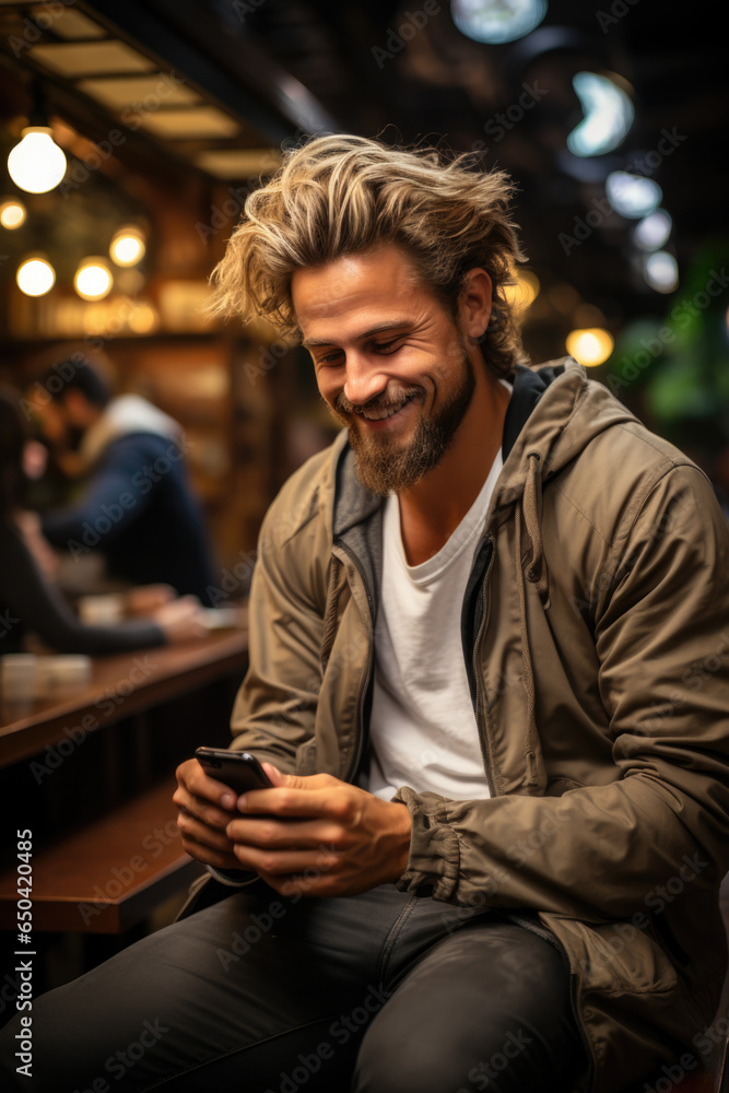 Young man with smartphone in cafe Young man with smartphone in cafe