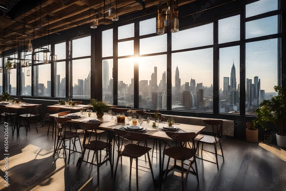 A loft apartment's sunlit dining area, with a large window that overlooks the urban hustle and bustle