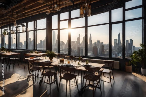 A loft apartment's sunlit dining area, with a large window that overlooks the urban hustle and bustle