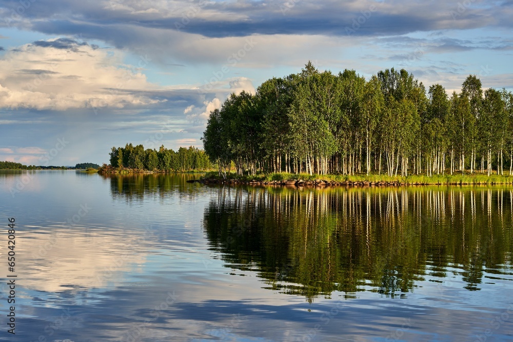Tranquil landscape of a small island with lush foliage in the Kemijoki River in Lapland, Finland