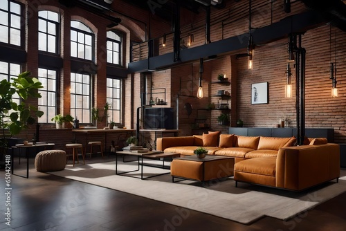 The fusion of urban and industrial design in an industrial loft apartment's interior, showcasing the harmony of brick walls and sleek, modern furnishings, all under the glow of contemporary lightin