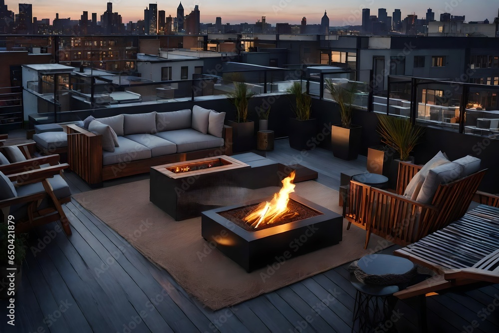 An industrial loft apartment's private rooftop terrace, complete with a ... - Rooftop City View Apartments With Fire Pit