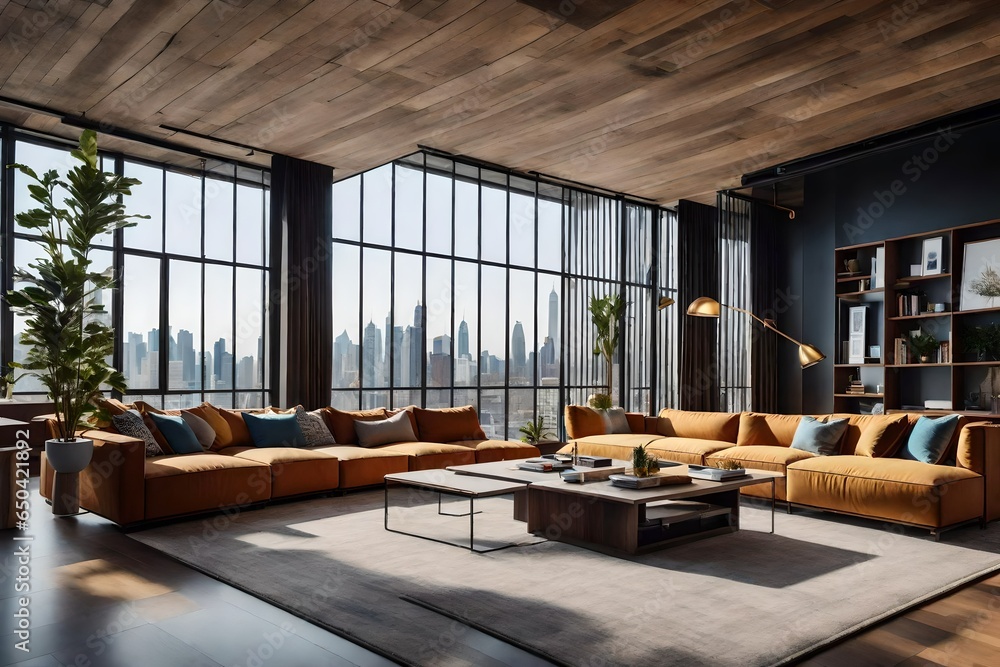 The relaxation and modernity of a loft apartment's family room, with contemporary seating and city views