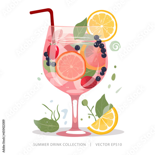 Tropical summer cocktail drink in the glass garnished with colorful citrus fruits and juice