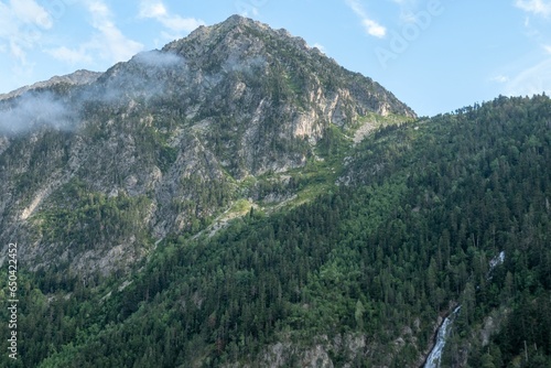 An aerial shot of the rocky mountains covered with green forest