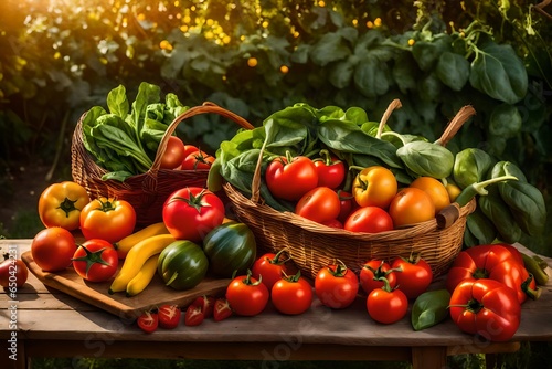 vegetables in a basket, A vibrant collection of healthy fruit and vegetables is displayed on a rustic wooden table, bathed in the soft, golden glow of a setting sun.