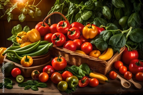 vegetables on a wooden table  A vibrant collection of healthy fruit and vegetables is displayed on a rustic wooden table  bathed in the soft  golden glow of a setting sun.