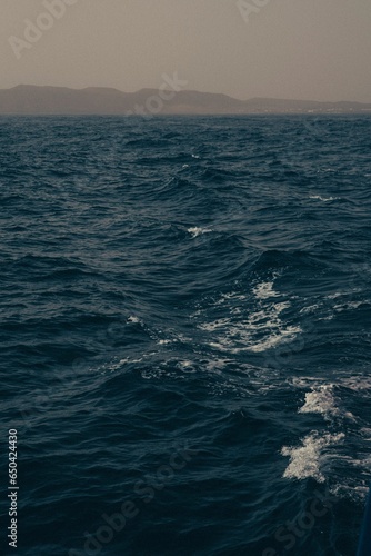 Vertical shot of seawater with small waves and land in the background © Thess Riva/Wirestock Creators