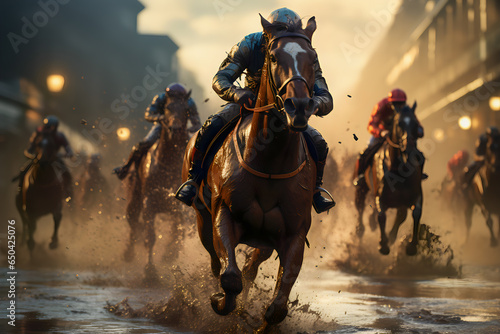 Racing horses galloping in the dust at sunset