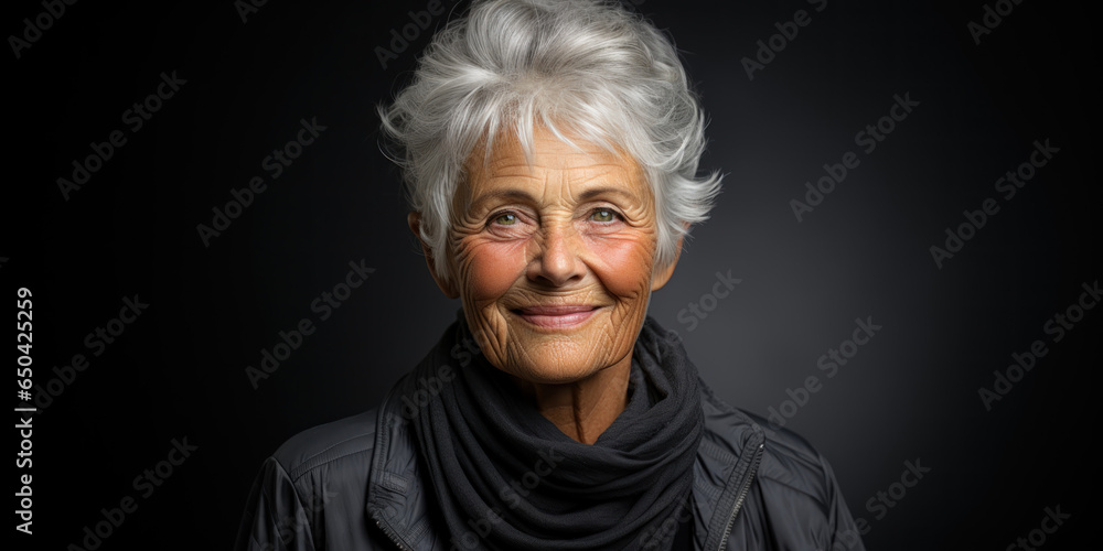 portrait of a positive cheerful elderly woman with gray hair and wrinkled skin on a black background portrait of a positive cheerful elderly woman with gray hair and wrinkled skin on a black background