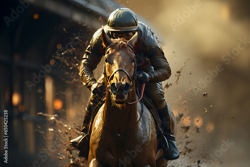 Racing horses galloping in the dust at sunset
