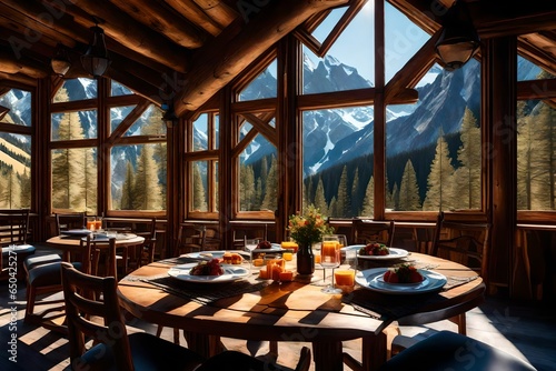 A cabin's sunlit dining area, with a large window that captures the breathtaking mountain scenery photo