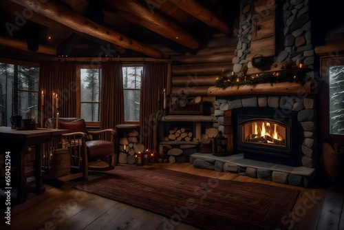 The cozy ambiance of a cabin's fireplace, with a stone hearth and vintage cabin decor