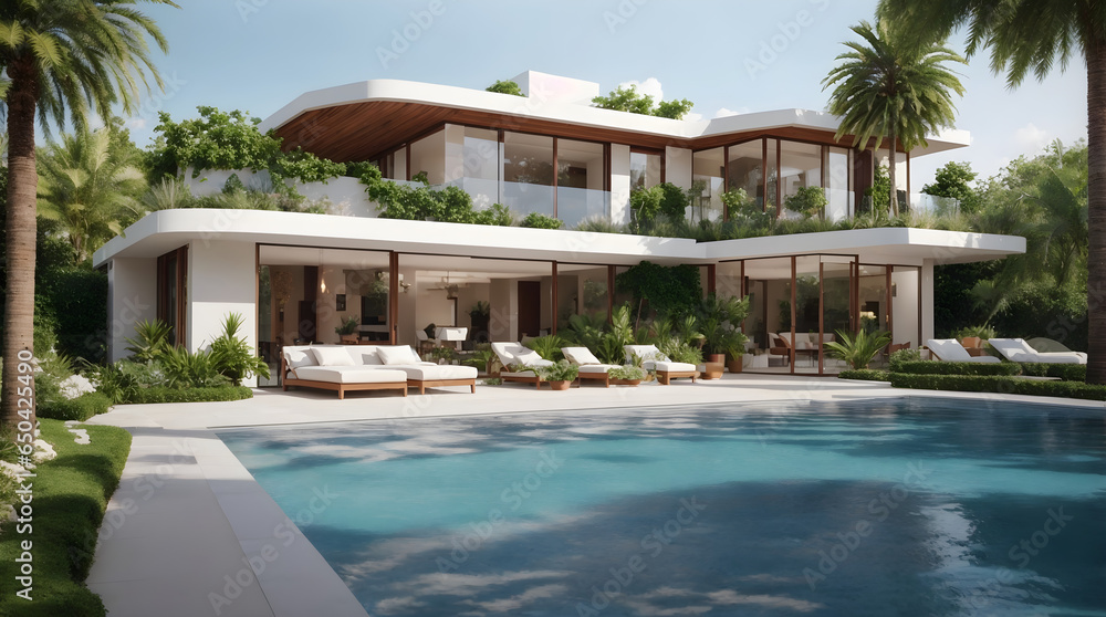 Fototapeta premium Modern luxury exterior home with pool design concept, architectural background 