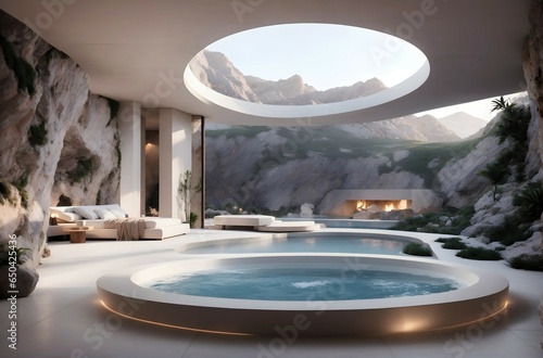 Modern interior design concept   architecture in nature  luxury home with swimming pool built in cave 
