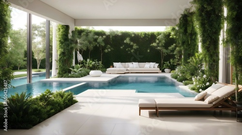 Modern luxury interior living room design with swimming pool, architectural background, banner with copy space text  © Karlo