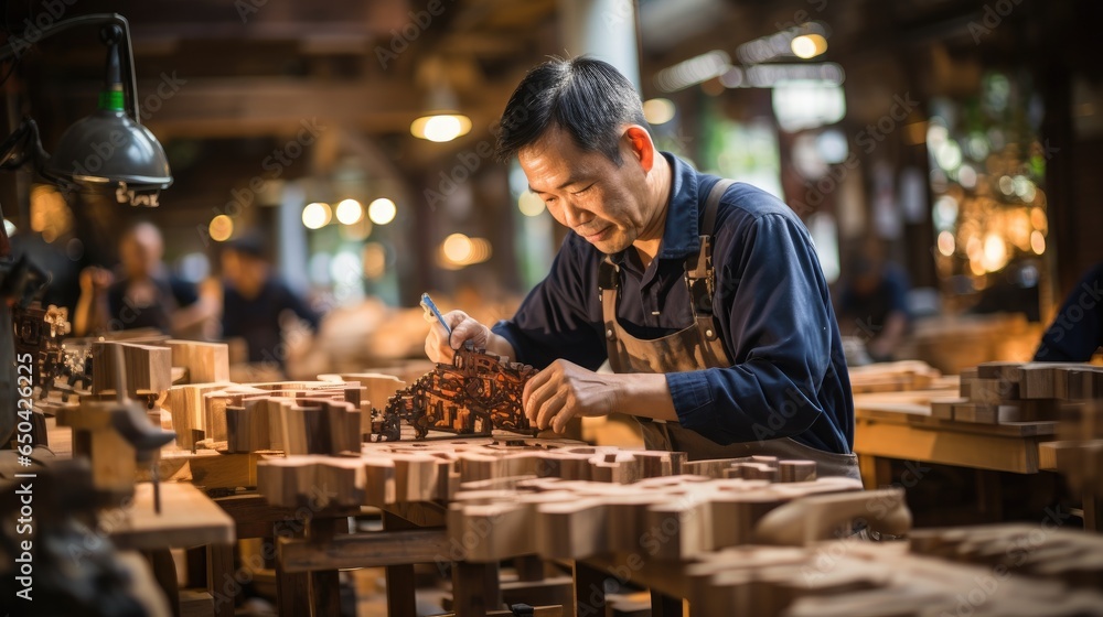 Skilled Craftsperson Crafting Wooden Artifacts in an Asian Workshop. Skilled Craftsperson Crafting Wooden Artifacts in an Asian Workshop.