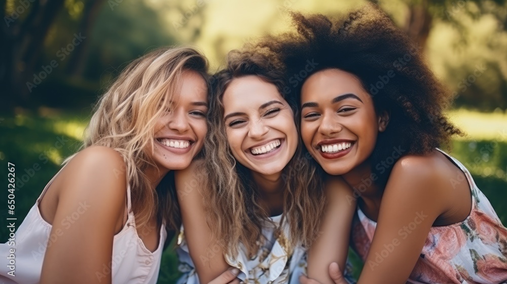 Happy Friends Embracing and Smiling Happy Friends Embracing and Smiling