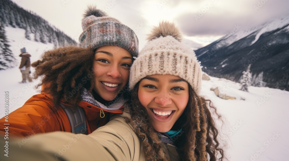 Happy Couple Taking a Playful Selfie during a Snowball Fight in a Winter Wonderland. Happy Couple Taking a Playful Selfie during a Snowball Fight in a Winter Wonderland.