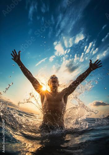 Strong Athletic Male Swimmer Celebrates Victory by Jumping Out of the Water with Arms Raised - Embodying Determination, Success, and Passion in Water Sports. Generative AI. © Modern Artizen