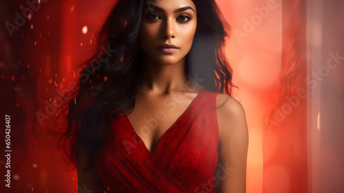 "Experience the fusion of cultures and creativity in this stunning graphic portrait, where the elegance of an Indian woman in a vibrant red dress seamlessly blends with the dynamic energy of the urban