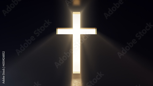 Cross shaped opening in a dark room with bright light shining through, religious symbol, concept of salvation, Christianity, 3D Render, 3D illustration.