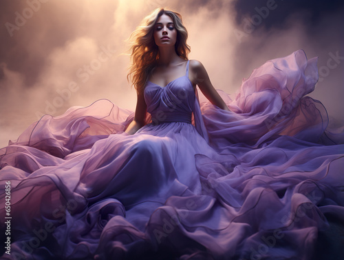 A girl dressed in a huge seine dress in a fantasy environment. Caucasian slim woman in an atmospheric perspective. Great dress in purple color.