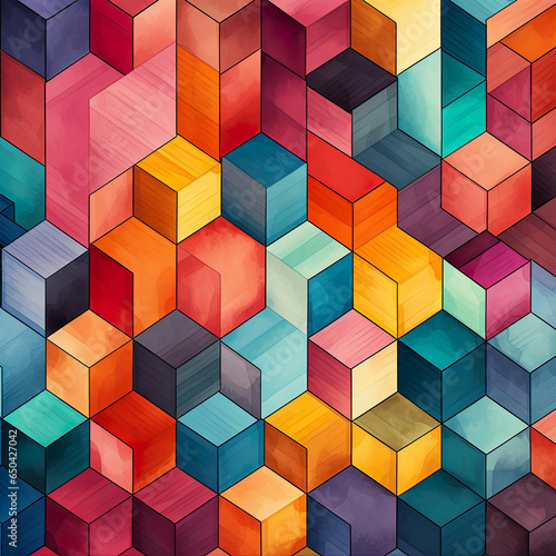 Abstrakte Kunst, Farben verschwinden ineinander, sehr lebendiges und farbenfrohes Bild, Retro design, verschiedene Formen und Farben sind kombiniert.