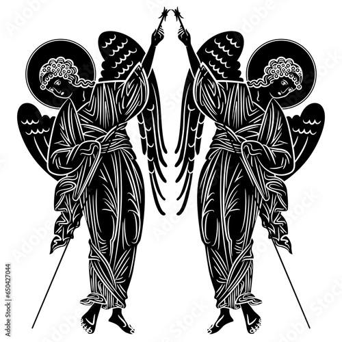 Symmetrical design with two winged medieval angels with spears. Russian Orthodox Christian design. Isolated vector illustration. Black and white negative silhouette.