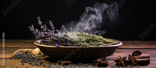 Smudging cleansing with aromatic materials on a wooden table photo