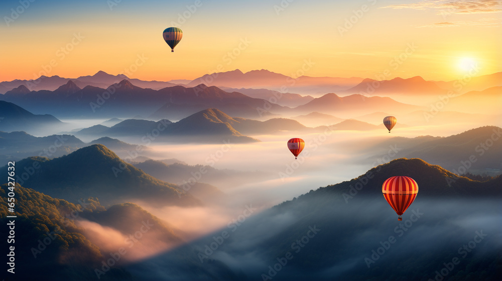 Fototapeta premium Adventure in the Skies: Hot Air Balloons Rise Above Foggy Valleys and Mountain Ranges at Sunrise. Generative AI.