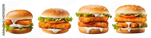 Set of single and double fish fillet burger on transparent background cutout, PNG file. Many assorted different Mockup template for artwork design