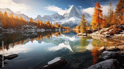 autumn landscape with mountains in the background reflecting in a peaceful lake - generative AI