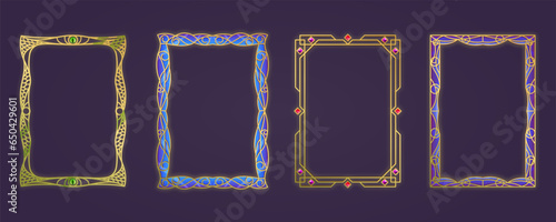 Set of golden vector frames in cartoon style. Gold frame in A4 format. Frame template with pattern, jewelry, stained glass, dragon scales, crystal eye. Isolated set of frames, mockup, illustration.