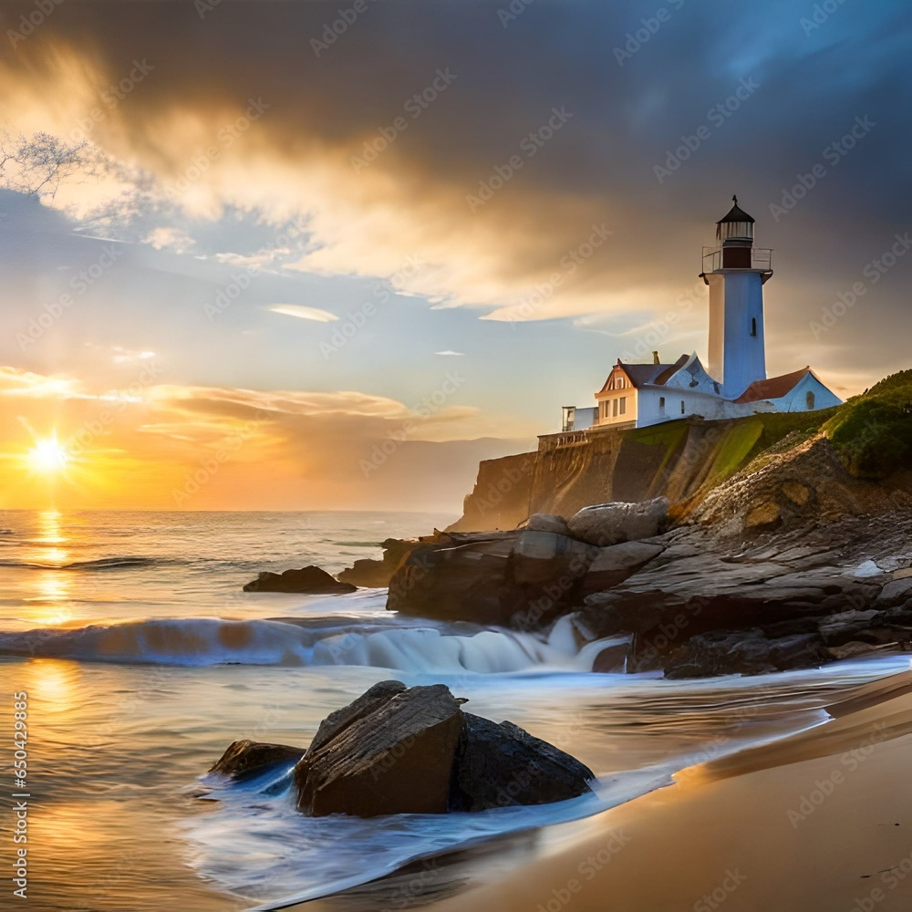 The lighthouse on a rocky reef adds to the beauty of the beach.