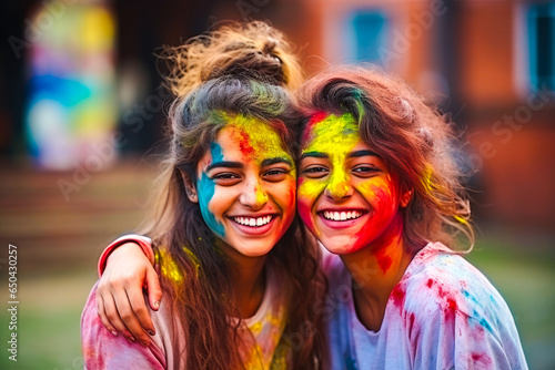 Two young female friends celebrating Holi party together © MVProductions