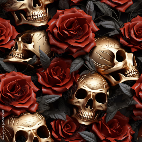 3D seamless pattern, skulls and roses. Halloween pattern wrap background. High quality photo photo