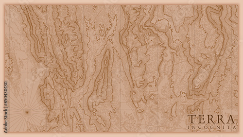 Ancient abstract earth relief old map. Generated conceptual vector elevation map of fantasy landscape.