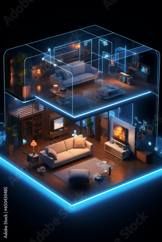 3D Render Isometric Living Room, Modern Interior with Augmented Reality Connected to the Internet, Smart Home Technology Concept, Generative AI