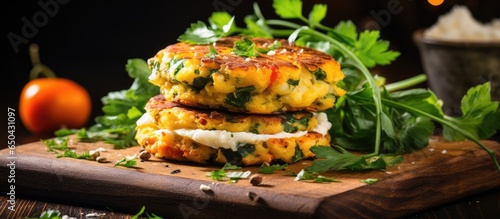 Selective focus on carrot and parsley cauliflower burgers