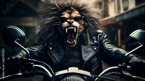 Badass angry biker lion with sunglasses and black leather coat riding motorbike in the city street. Generative AI
