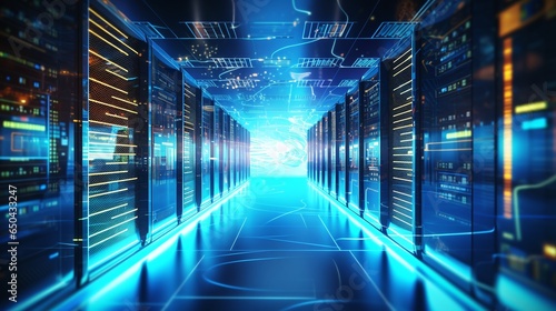 Server corridor data center. Generative AI