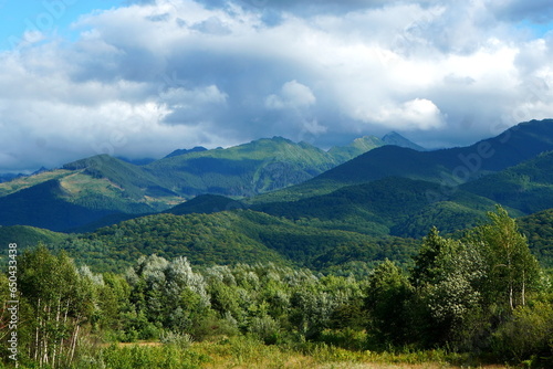 Beautiful nature landscape with part of Fagaras mountains range covered with deciduous and fir trees woods and cloudy sky on summer day