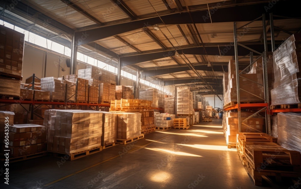 Warehouse lit by the sun. Generative AI Warehouse lit by the sun. Generative AI