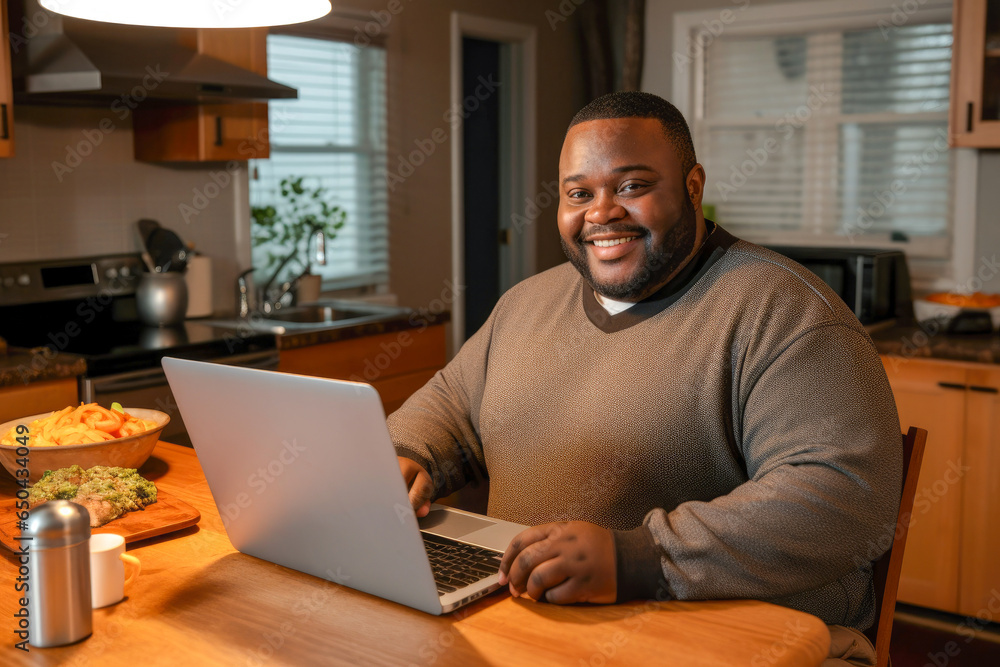 Portrait of an overweight African American man working from home on a laptop computer Portrait of an overweight African American man working from home on a laptop computer