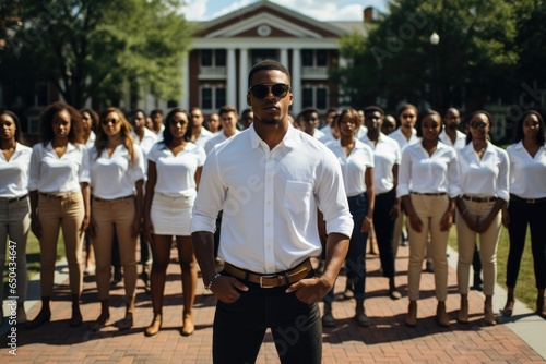 A man standing in front of a group of people. AI image. Imaginary club, fraternity group.