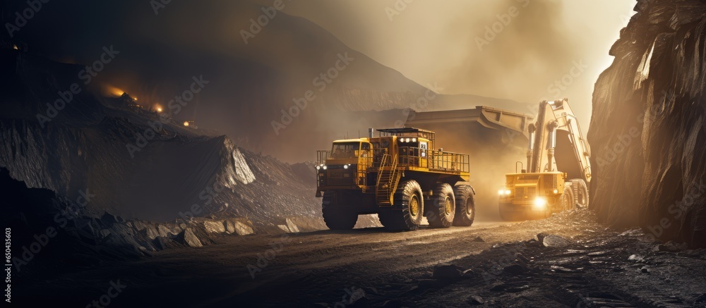 Coal being loaded onto a truck by a working excavator during mining - obrazy, fototapety, plakaty 